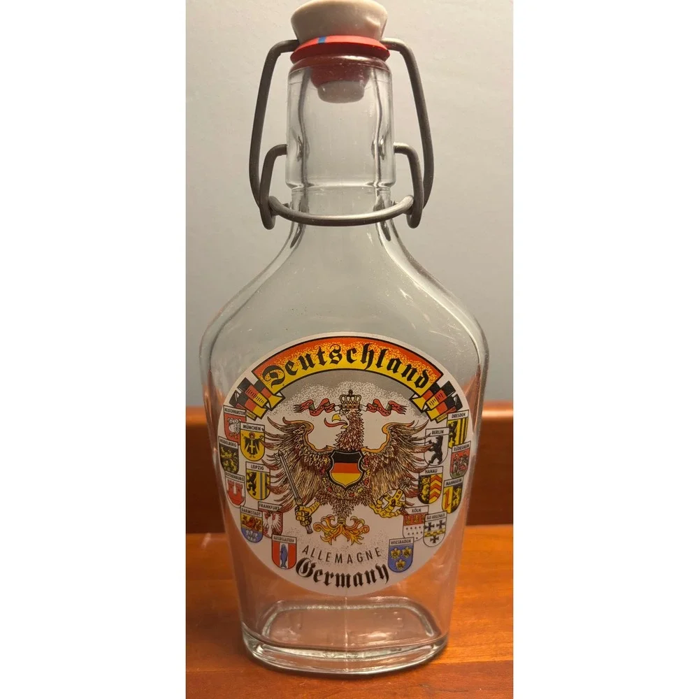 Deutschland Germany Souvenir Schnapps Decanter and 6 Shot‎ Glass Set Gold Rim
